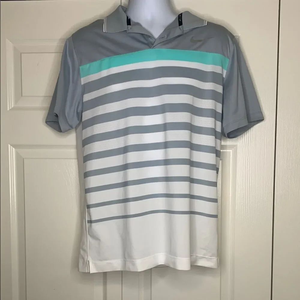 Nike GOLF TOUR PERFORMANCE, dri-fit, Men's Gray and White Striped Polo Shirt